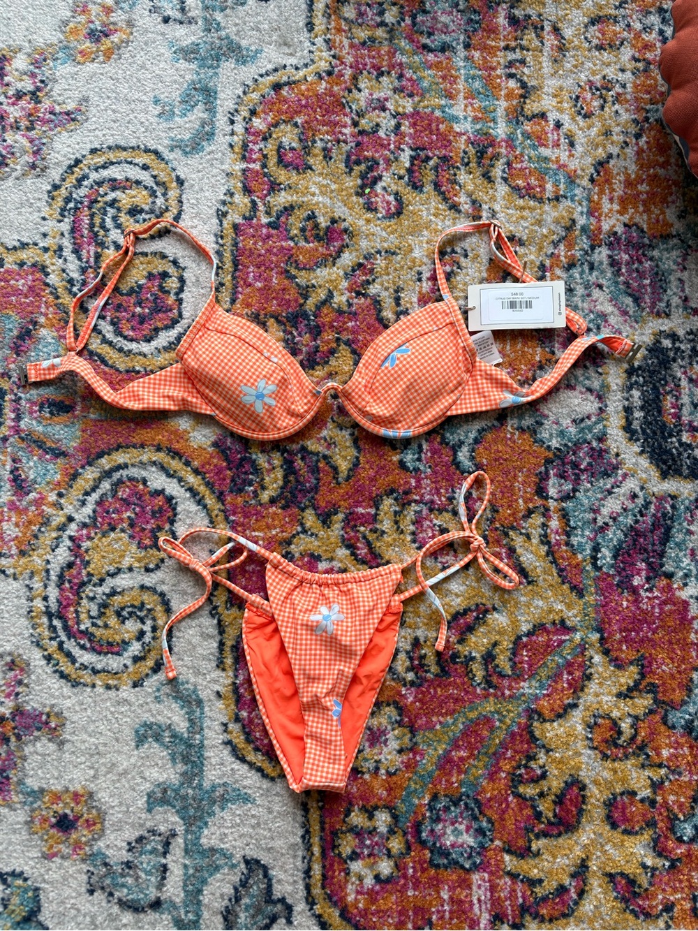 Orange Check Floral Tie-Side Bikini Set - Women